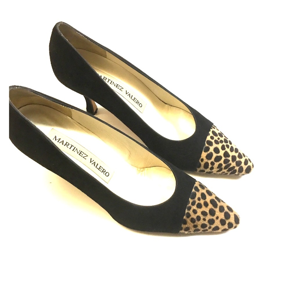 Martinez Valero Black Suede Pumps w/ Leopard Trim